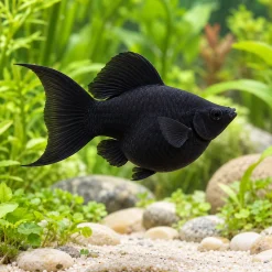 Black Balloon Molly with a round velvet black body and lyre tail over pale pebbles and plants